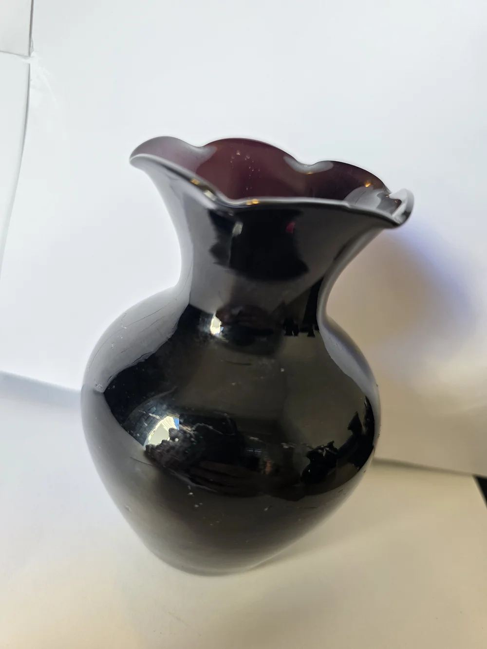Vintage Black Amethyst Glass Vase Set 3 Ruffled Edge Flower Vases